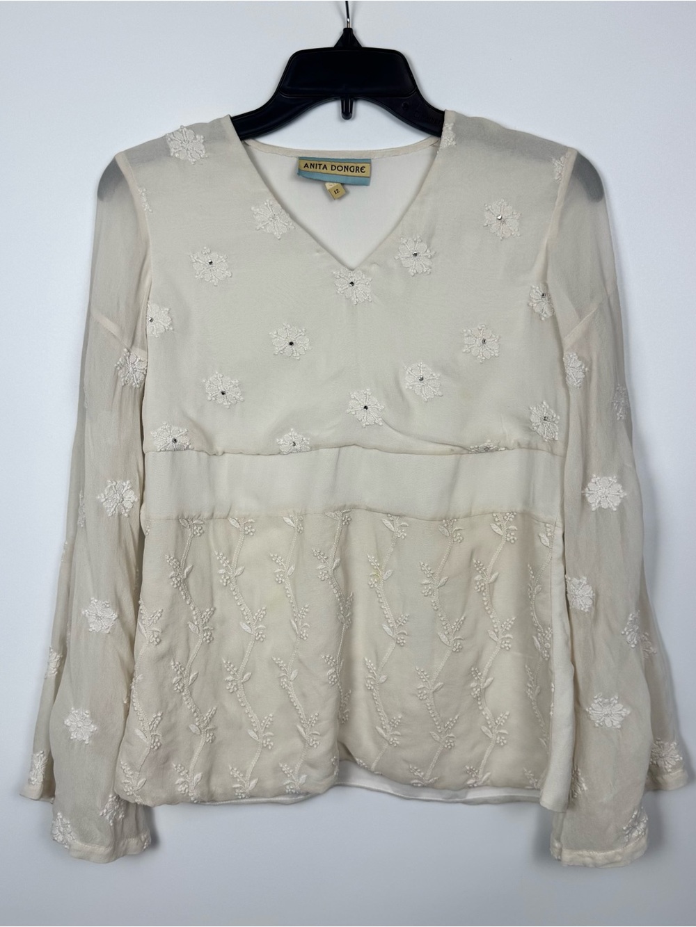 Anita Dongre Cream Embroidered V-Neck Peasant Blouse